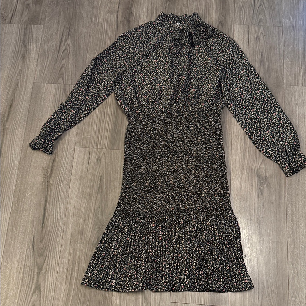 Black Floral Long-Sleeve Tie-Neck Dress